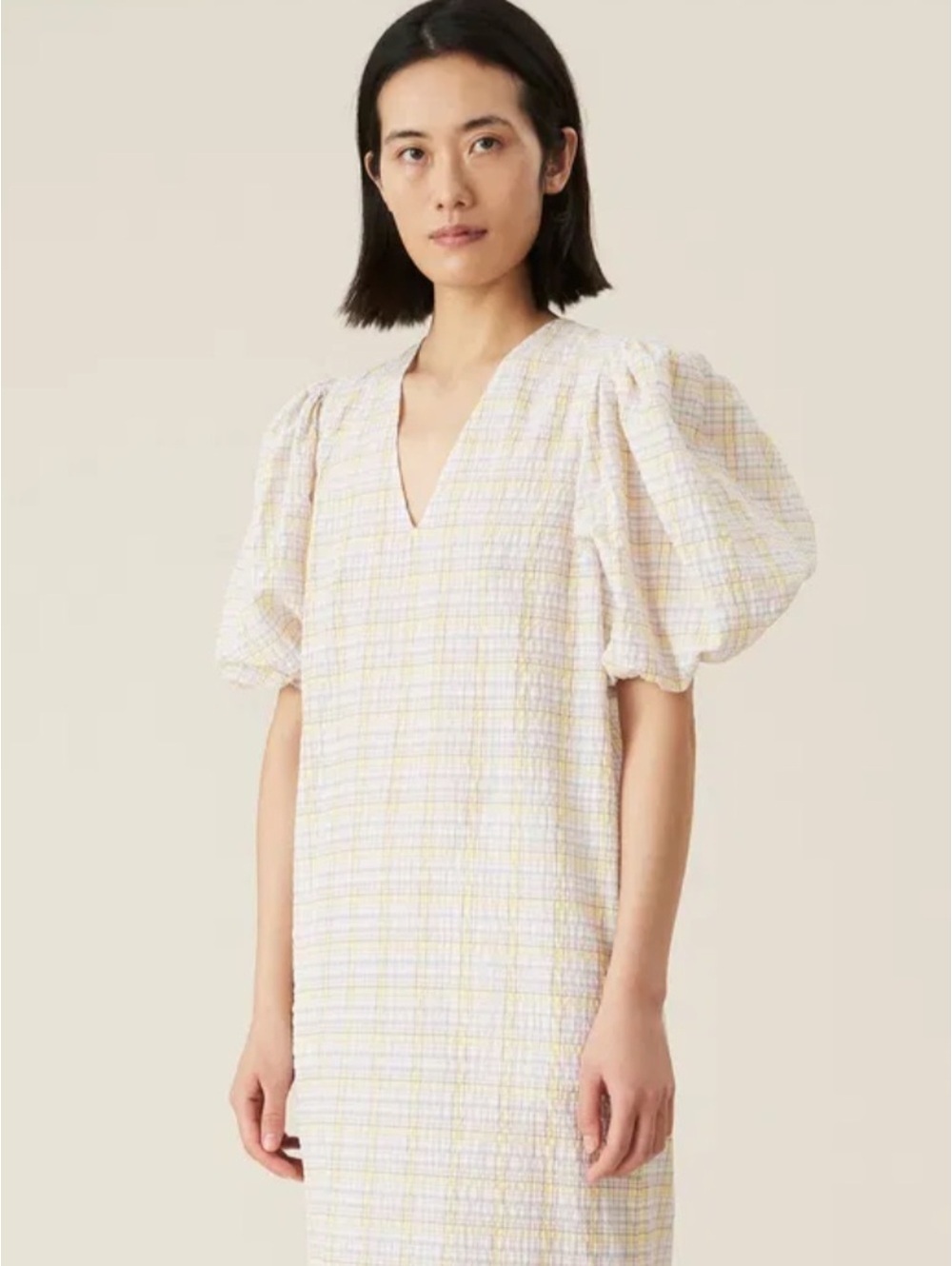 GANNI Puff Sleeve Seersucker Dress in Plaid Pastels Size S Like New!